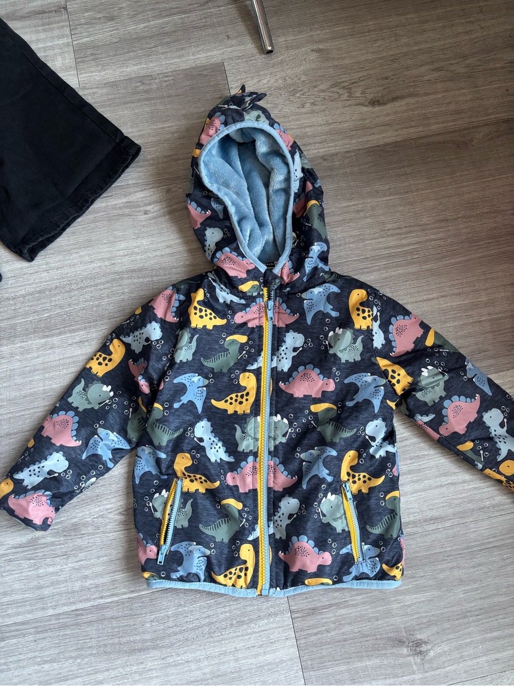 Children's Hooded Dino-Print Puffer Jacket - Black with Multi Dino Accents
